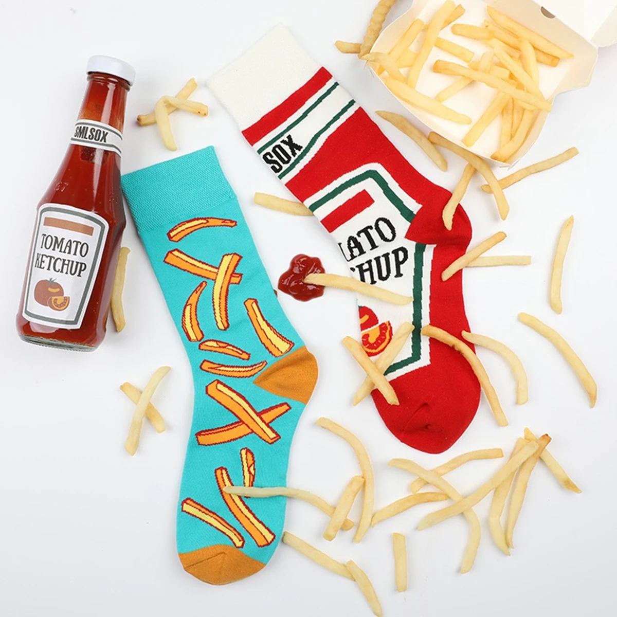 1 par Unisex divertido estilo AB tomate Ketchup French Fry impreso calcetines a media pantorrilla traje en todas las estaciones
