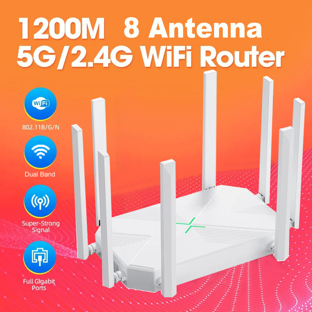Enrutador inalámbrico de 8 antenas, repetidor WIFI externo de 1200G y 5G, potenciador de señal de potencia, punto de acceso más suave, módem LAN WAN RJ45, 2,4 M