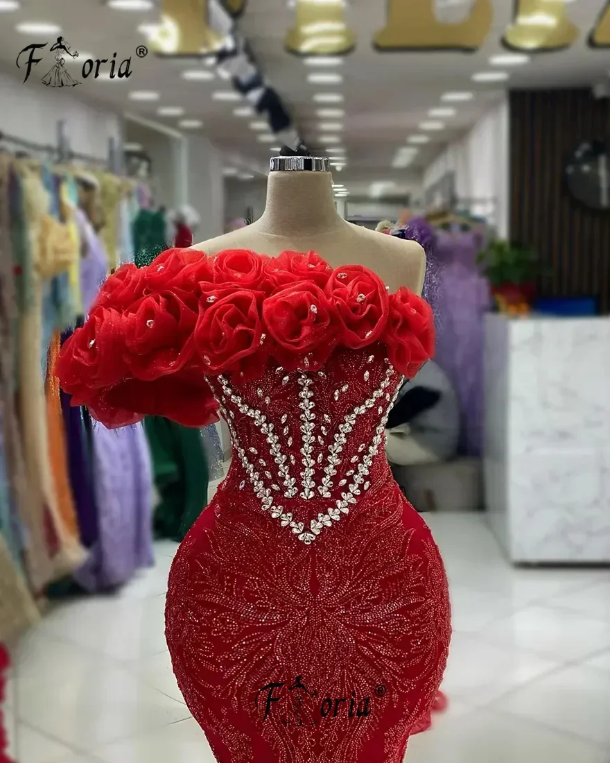 Elegante kralen zeemeermin avondjurk rood kristal 3D bloem vloerlengte bruiloft feestjurk op maat formele feestgewaden dames