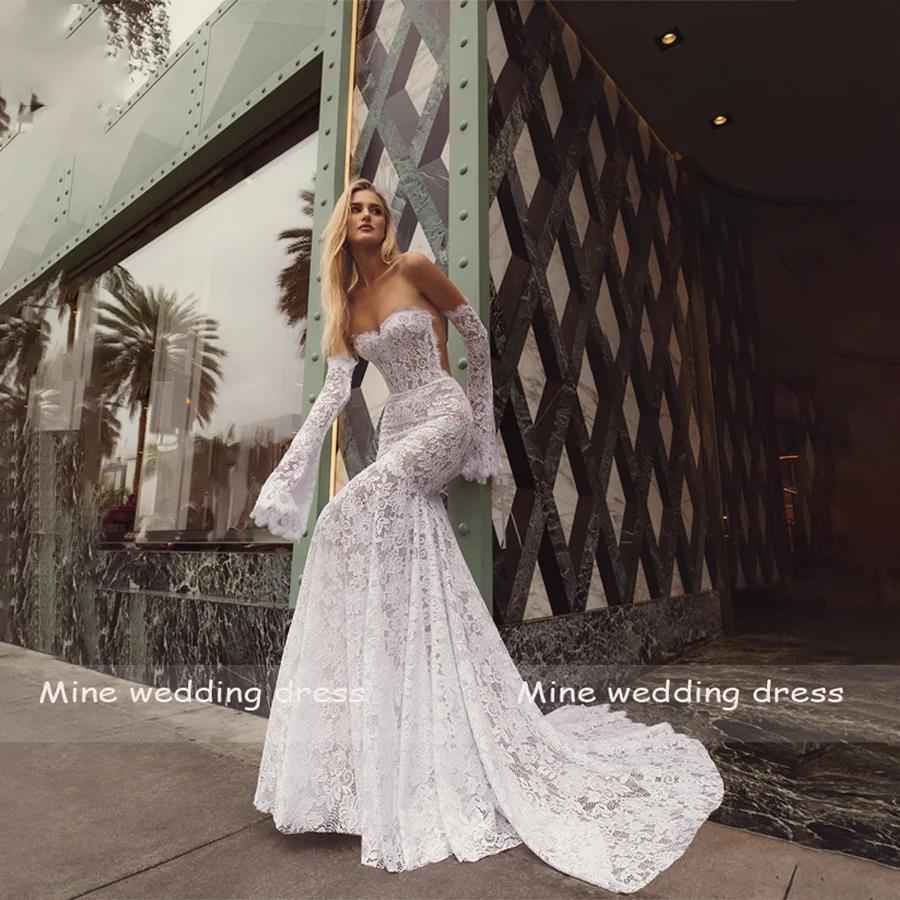 Abiti da sposa in pizzo a sirena con maniche svasate a 3/4 con scollo a cuore personalizzati Abiti da sposa trasparenti e con cerniera senza schienale
