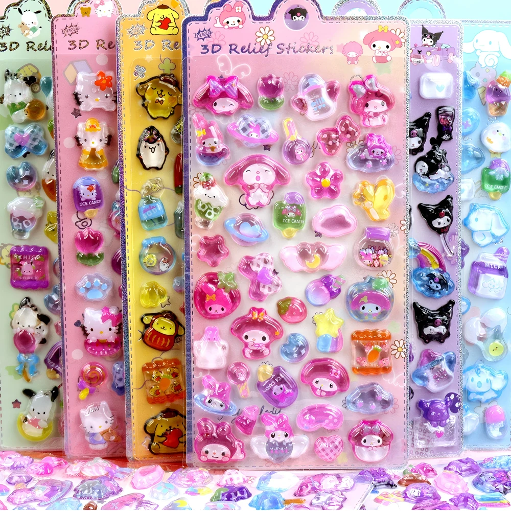 Kawaii sanrio dos desenhos animados 3d alívio adesivos kuromi minha melodia decalques de cristal brinquedos à prova dwaterproof água crianças recompensa adesivo presentes