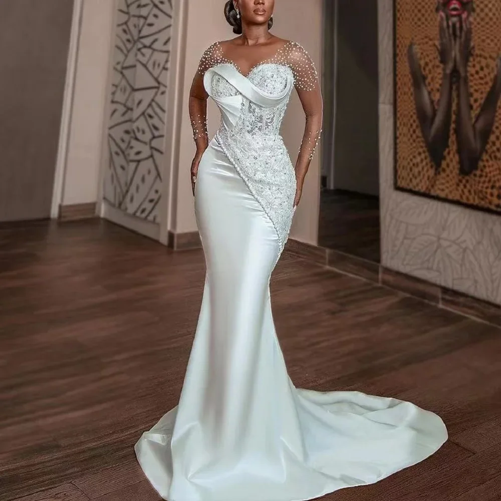 Su Zhu Abiti da sposa in pizzo con perline di lusso personalizzati Maniche lunghe trasparenti Sirena con scollo a V Sweep Train Abito da sposa civile per la sposa