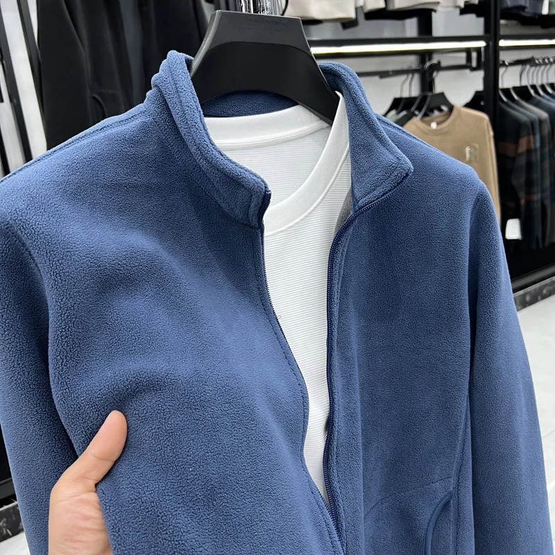 Jaqueta de Mole Masculina Dupla Face em Cor Pura, Quente, com Gola Alta, Estilo Casual de Manga Longa para o Inverno