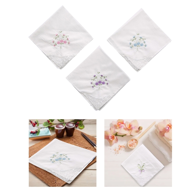 Lenços bordados de algodão femininos, lenços macios e sólidos, cores doces, flores, rendas, lenços para festa de casamento f3md