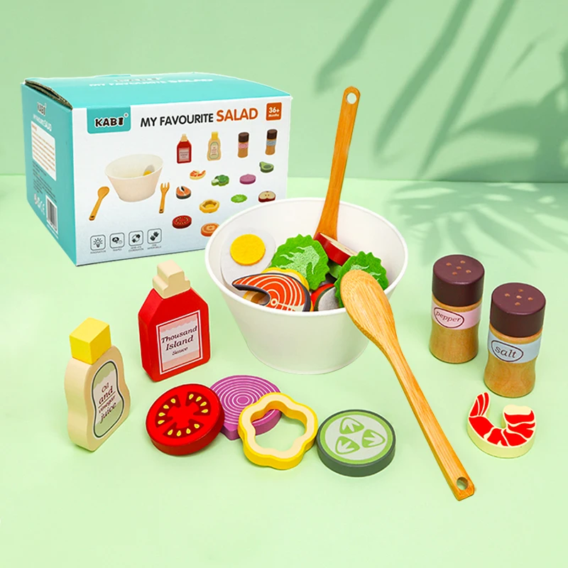 Cucina Giochi di finzione Giocattoli Simulazione in legno Accessori alimentari Insalata di pizza Set da dessert Giocattolo educativo Montessori per bambini 3+