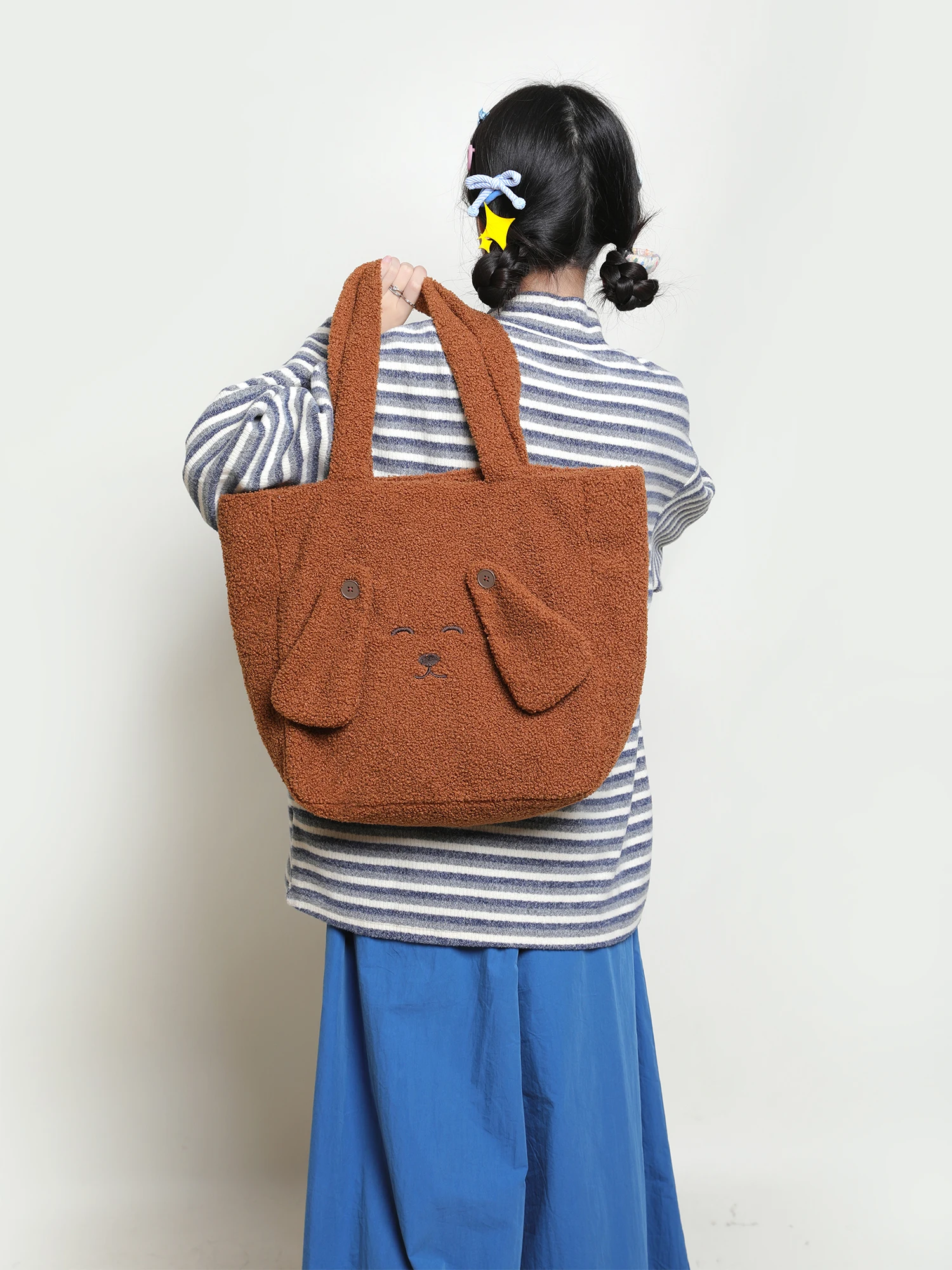 Inverno grande capaci bolsa de ombro de pele de eepskin casual sle tecido macio sacola com design de orelha grande e fecho de zíper