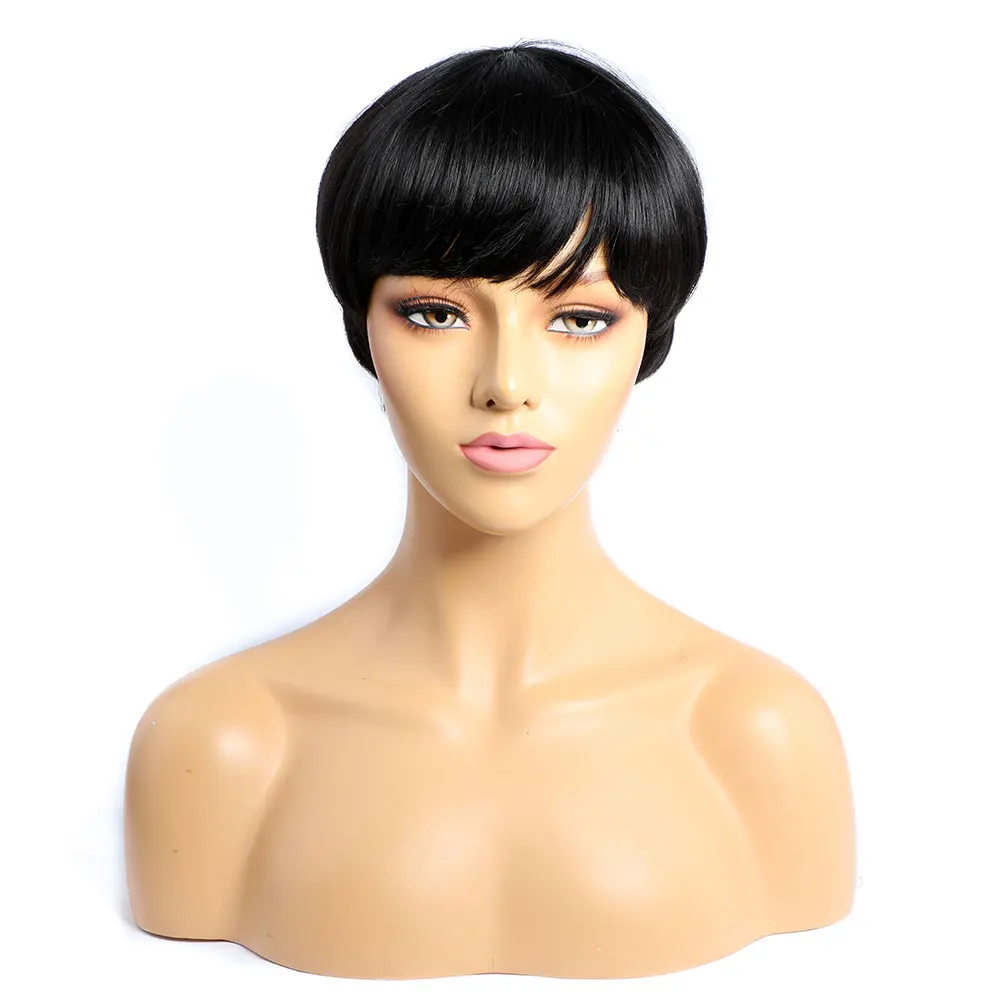 วิกผมผมมนุษย์สั้นกับ Bangs สีดําธรรมชาติวิกผมสั้น Pixie ตัดวิกผมผมมนุษย์เครื่องทําคอสเพลย์ Duby วิกผมสําหรับผู้หญิง