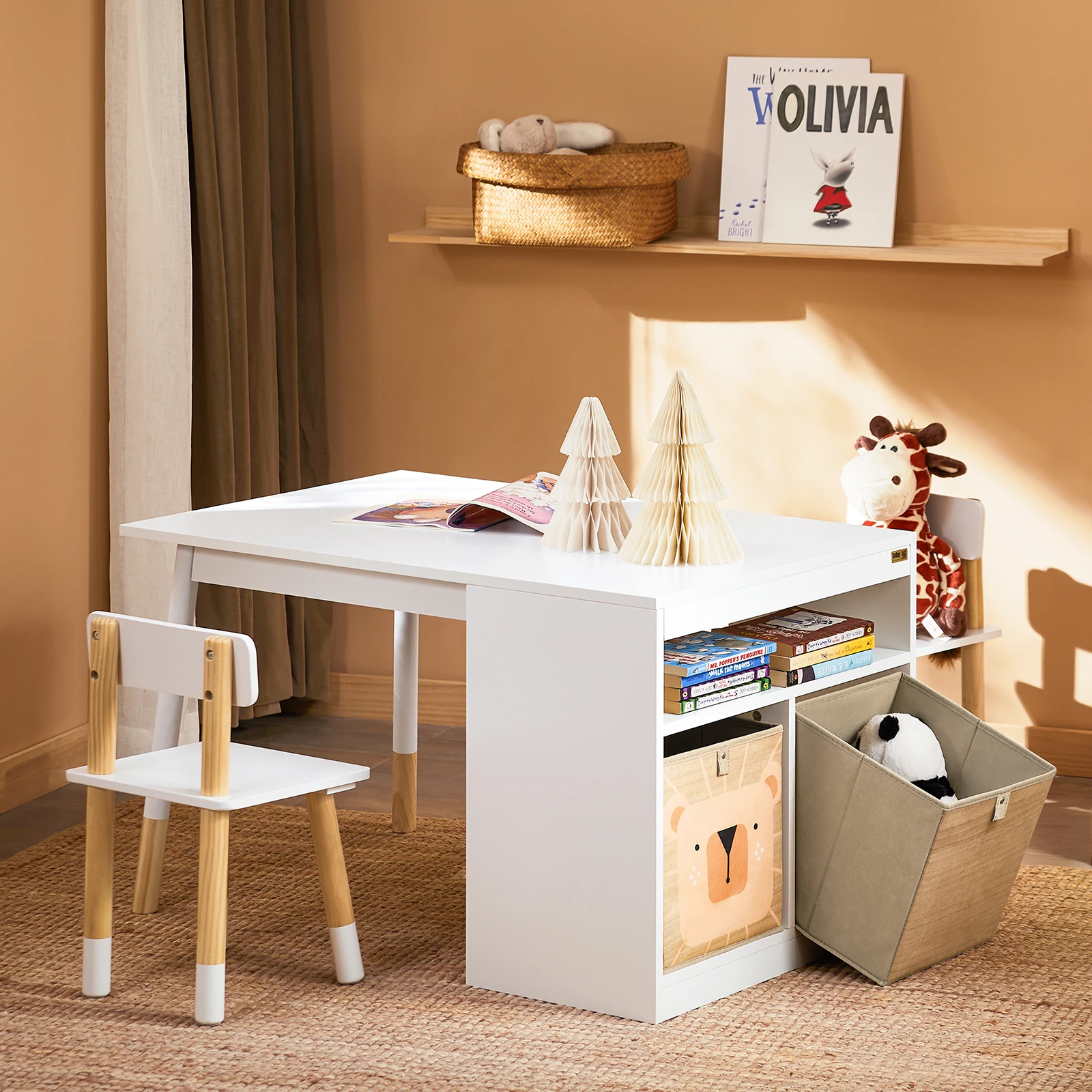 SoBuy KMB113-W Mesa infantil com 2 cadeiras Grupo de assentos infantis com armazenamento Playtable Mesa de atividades multifuncional para crianças