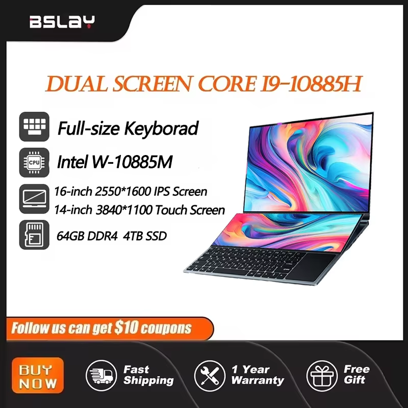 Notebook podwójny ekran 16,1 + 14,1 cala Intel W-10885H 4K 32 GB RAM 2 TB SSD DDR4 Window11HDMI podświetlany Kaypad przenośny laptop biurowy