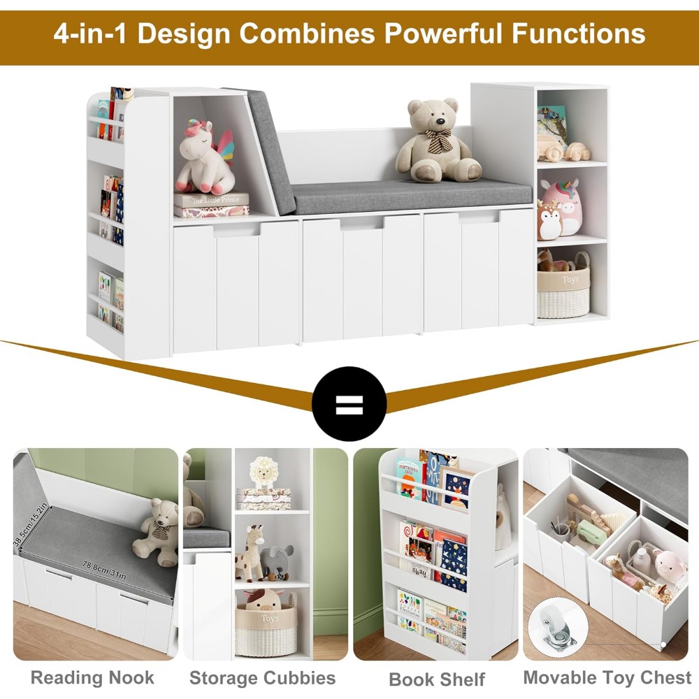 61.5" Kids Reading Nook with 3-Layer Bookshelf, Reading Nook for Kids with Double Bench and Rolling Drawers, Kids Toy Storage