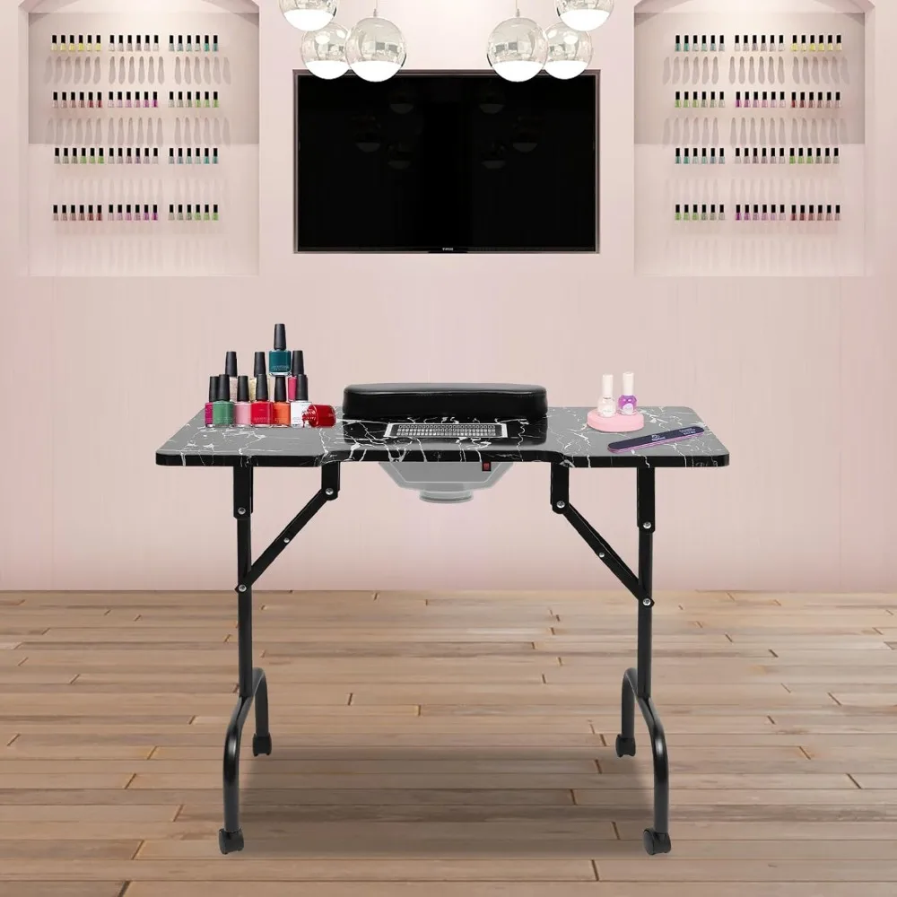 Mesa de manicure dobrável com sucção Mesa de manicure portátil portátil com 360 °   Mesa de manicure para estúdio de unhas com rodas