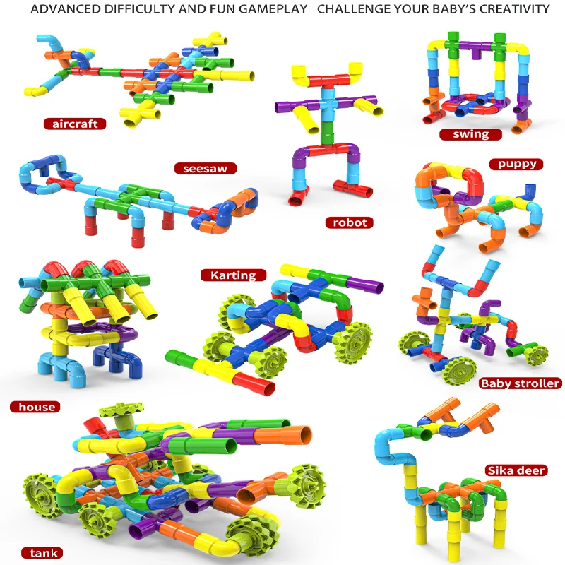 อาคารโดย Splicing ท่อน้ําพร้อมบล็อกตัวต่อของเล่น DIY