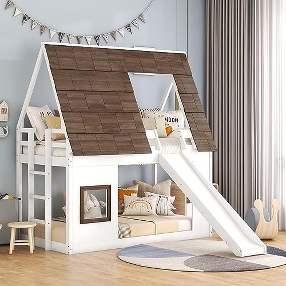 Wooden Twin Bunk Beds with Slide and Playhouse Design White Pine Wood Low Bunk Bed