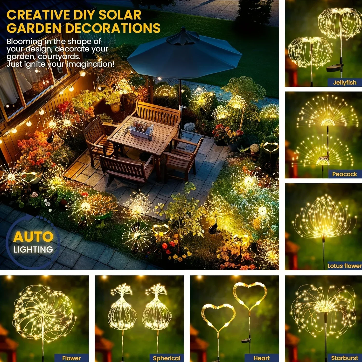 Lampe Solaire 90LED en Forme de enquêter d'Artifice, Éclairage d'Extérieur, 8 Modes d'Éclairage, Décoratif, Vacances, DIY