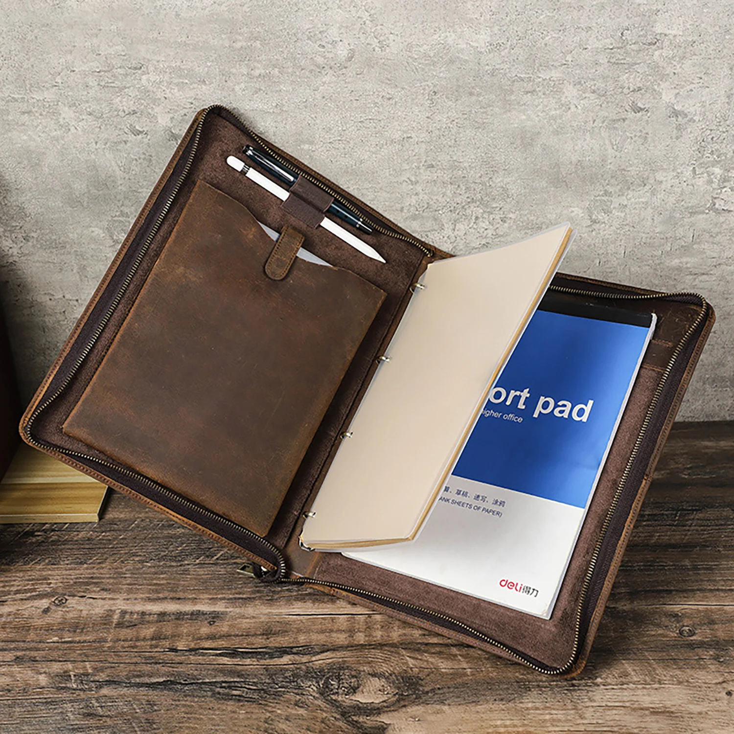 "A4 Notebook Crazy Horse Genuine Leather Cover w/Pen Loop, Fits iPad 11'', Multi-Function 4-Ring Binder, 35x26x3cm 840g"