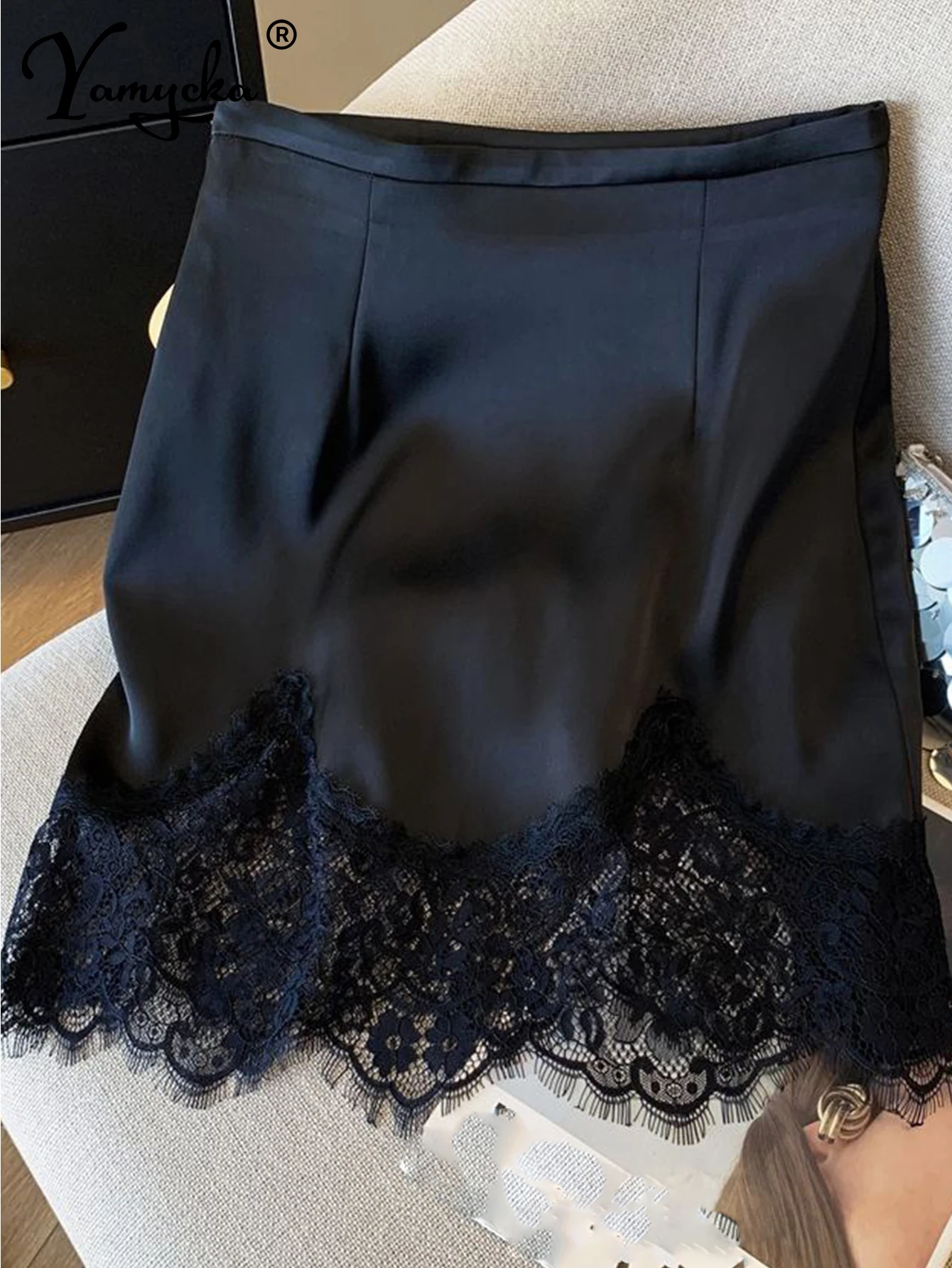 Minifalda Sexy de encaje negro de cintura alta para mujer, ropa de calle de verano, faldas cortas, ropa de mujer, Falda recta informal de moda 2025