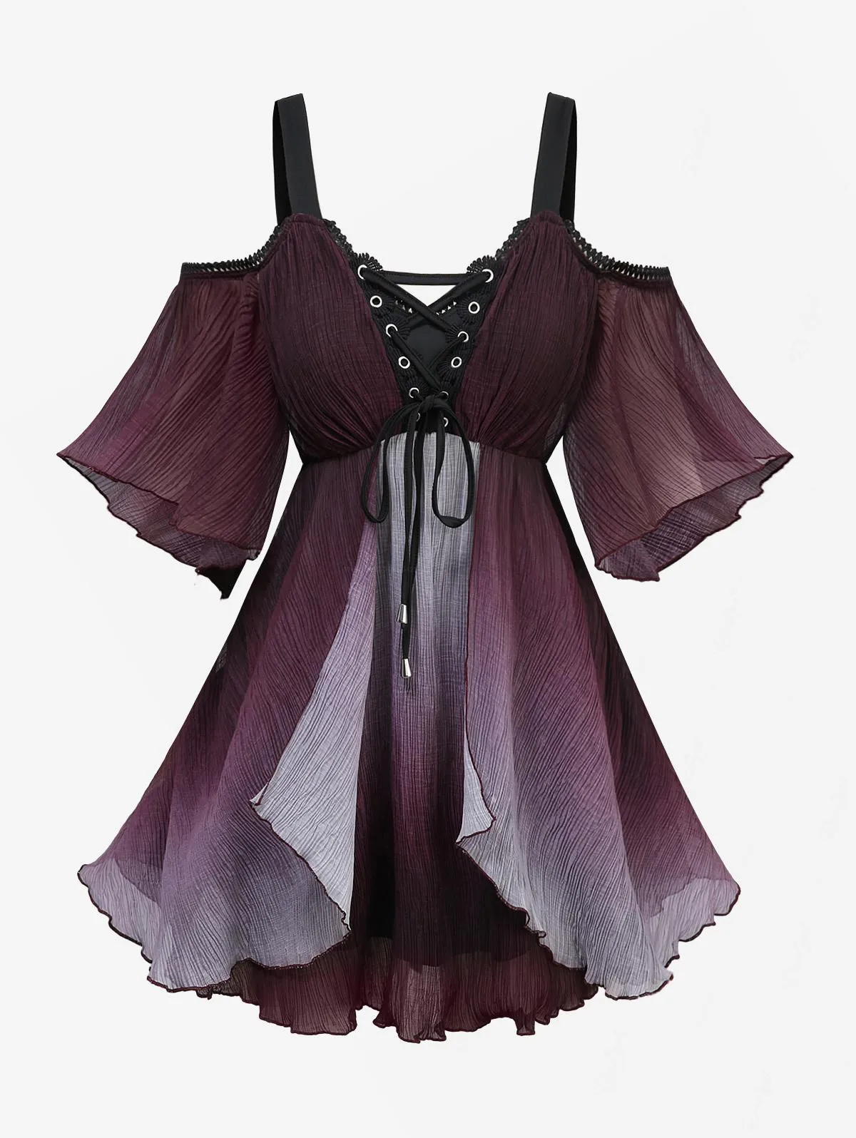 ROSEGAL Plus Size Ombre Lace-Up Grommets Rüschen Spitzenbesatz Kalte Schulterbluse Damenmode Tops für Streetwear