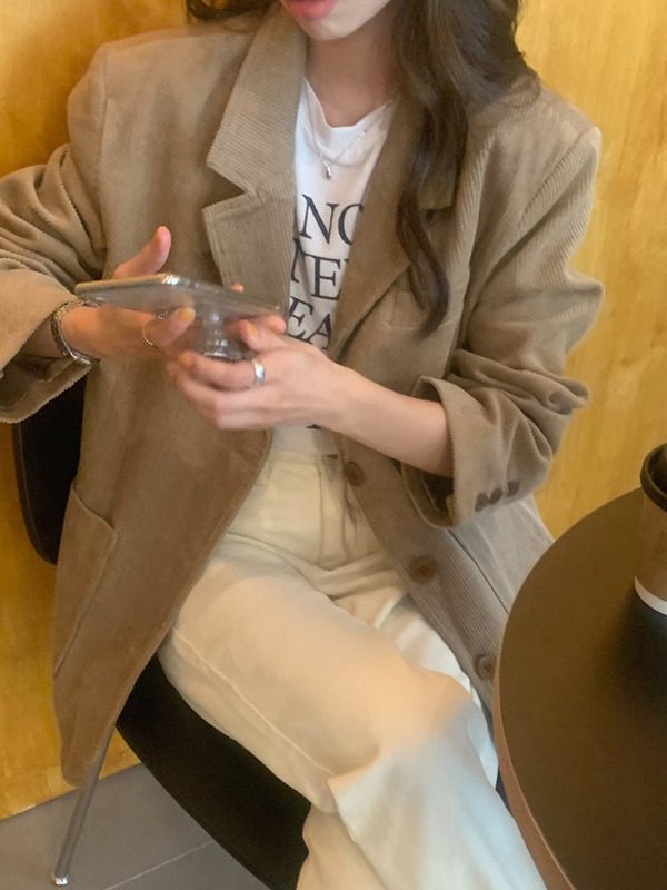 American Retro Corduroy Suit Jacket Loose Fit Single Button Notch Collar Casual Chic Outerwear for Women Winter 2023