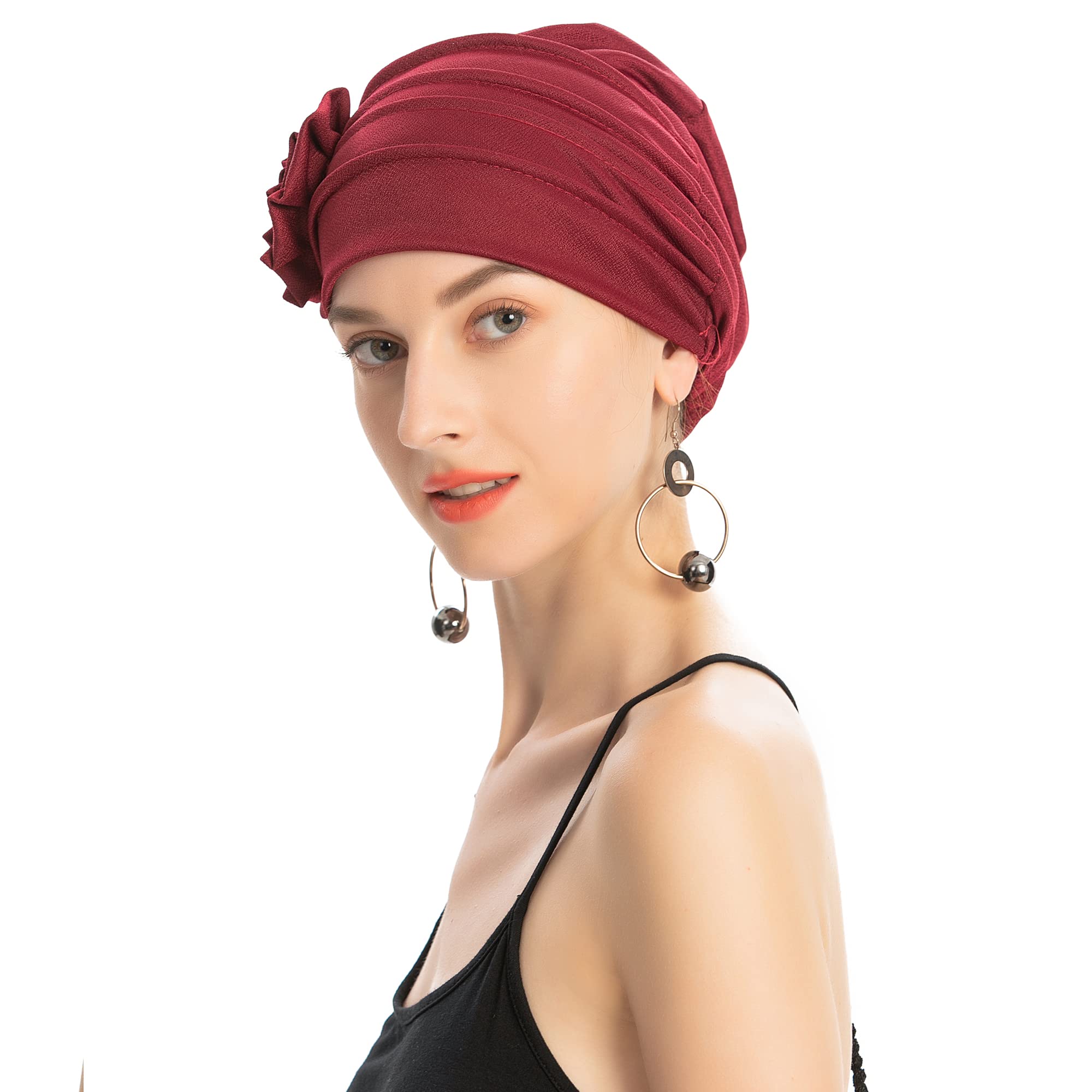 Moslim Mode Effen Kleur Vrouwen Hijab Tulband Muts Met Bloem Chemo Hoofddeksels Elastische Hoofd Wrap Cap