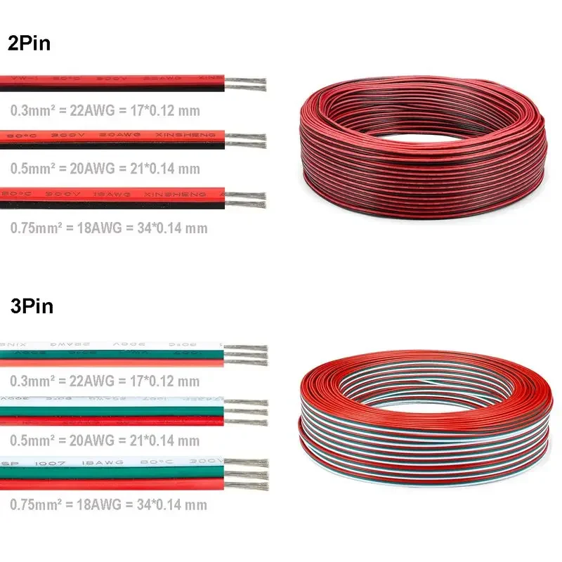 Cables eléctricos de 10m, Cable LED Flexible de 2 pines, 3 pines, 4 pines y 5 pines, Cable de extensión 18 20 22AWG para tira de LED WS2812B WS2813 5050 RGBW