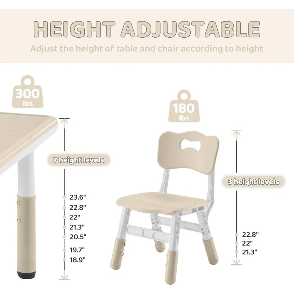 Kids Table and  Height-Adjustable Toddler Table and Chairs Set with Graffiti Desktop, 23.6''L x 23.6''W