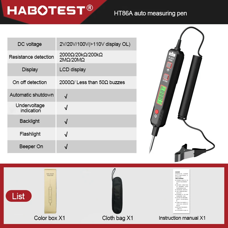 Pluma detectora de voltaje de coche HT86A, probador de circuito de mantenimiento de fallos de automóvil, retroiluminación Digital, fusible de coche, sonda de diagnóstico, pluma de prueba