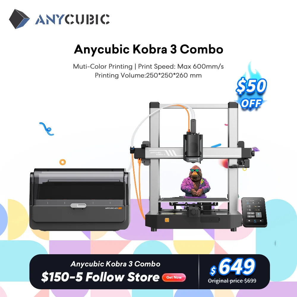 ANYCUBIC-FDM Impressora 3D Multi-Color, Kobra 3 Combo, 4 a 8 Cores, Velocidade de Impressão Tamanho de Construção 250mm x 250mm x 260mm, Max 600 m/s