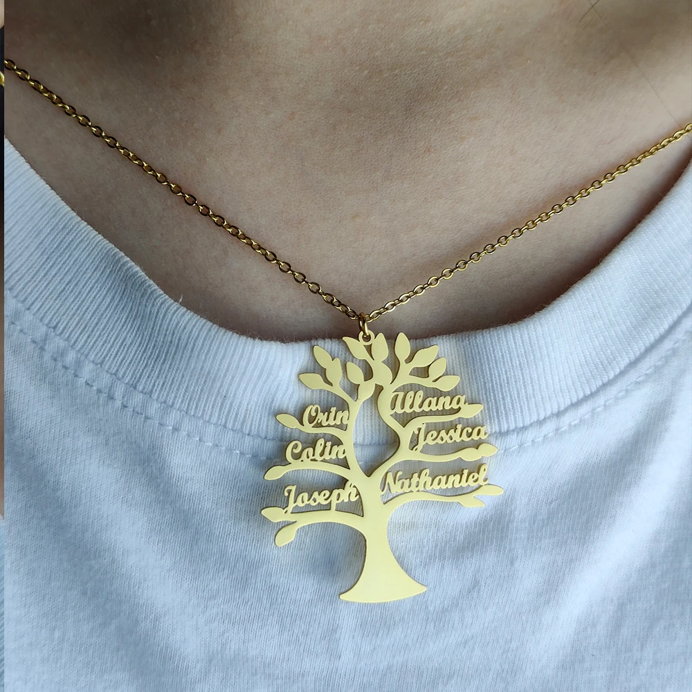 CUSTOM Tree Of Life ชื่อสร้อยคอส่วนบุคคลแม่เด็กครอบครัวชื่อสแตนเลสสตีลจี้ choker เครื่องประดับของขวัญ