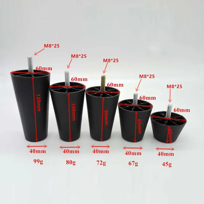 4Pcs Round Tapered Black Plastic Furniture Legs Feet with Mounting Plates M8*25 Thread Shank for Sofa and Chair  4 to12cm height