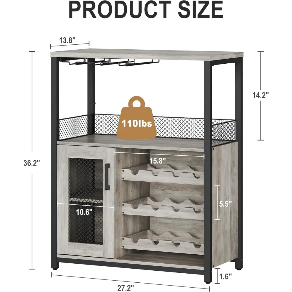 3-Tier Wine Bar Cabinet with LED Lights, Detachable Wine Rack and Storage Space, Sideboard Buffet Bar with Glass Holder