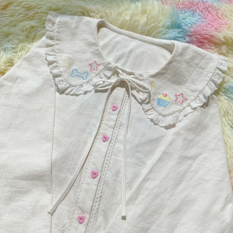 Camisas de encaje con cuello Peter Pan para mujer, blusas blancas de manga larga que combinan con todo, Tops con estampado de estrellas, dulce Kawaii