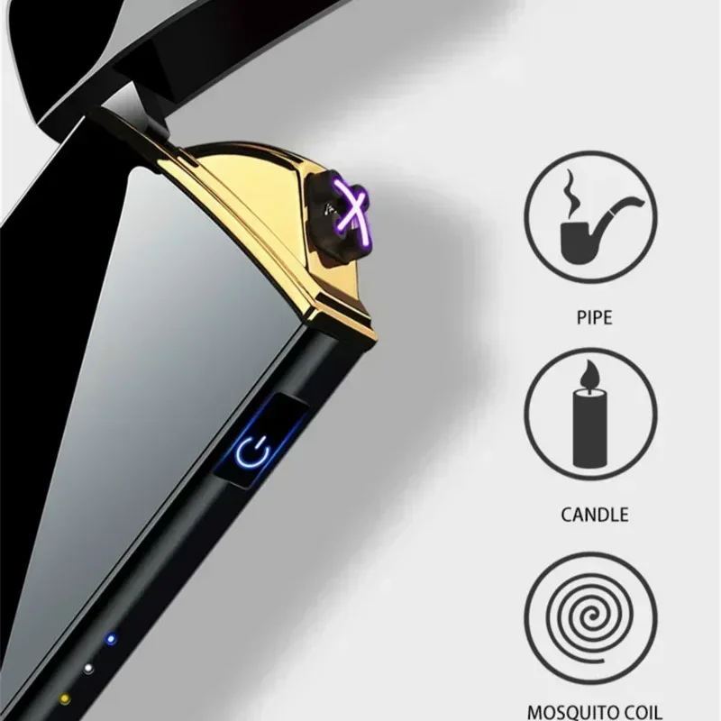 Encendedor eléctrico de Metal a prueba de viento, encendedor USB recargable de Plasma sin llama de doble arco, encendedores con Sensor táctil y pantalla LED
