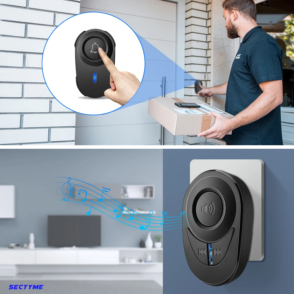 Sectyme Intellige Chuông Cửa Không Dây Ngoài Trời Chống Nước Nhà Thông Minh Chuông Cửa Phích Cắm EU 48 Hợp Âm LED Flash Nhà Báo Động An Ninh