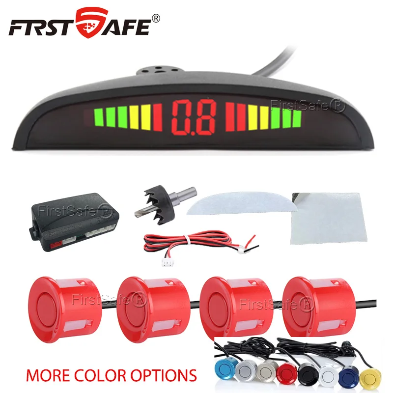 FirstSafe Factory Автомобильный светодиодный датчик парковки, 4 датчика, 22 мм, подсветка дисплея, комплект обратного радара, система монитора 12 В, 13 цветов