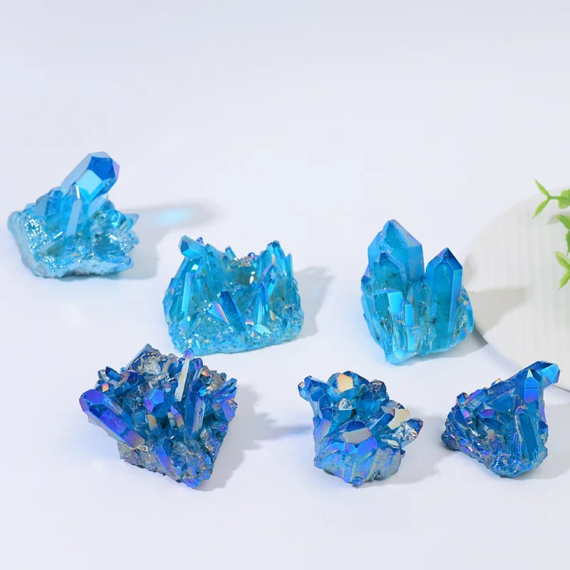 Quartz Natural Stones,Sky Blue Quartz Electroplating Titanium Crystal Cluster Stone Specimens Cured Coating Healing Crystals