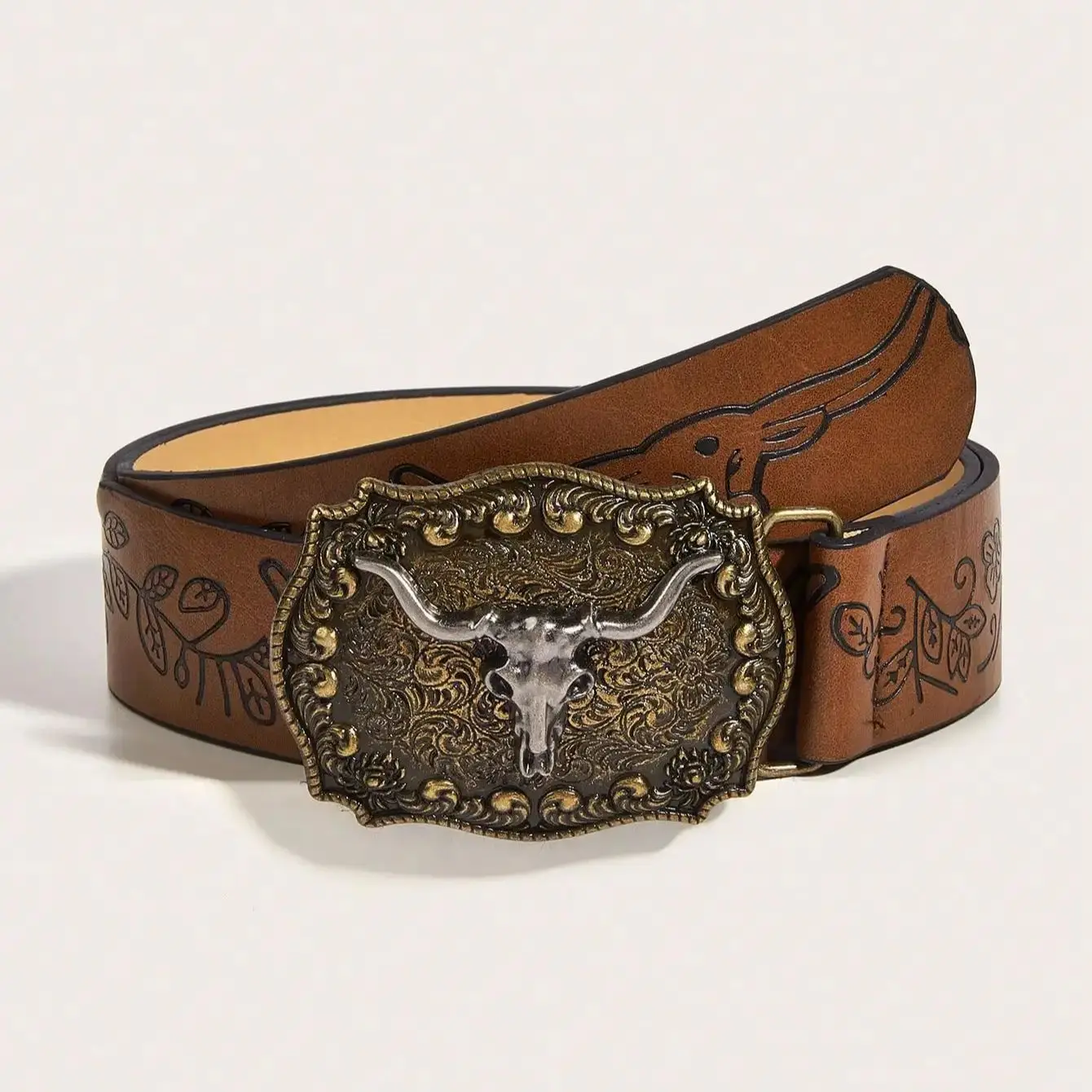 Cinturón estampado con hebilla de vaquero de viento de vaquero occidental vintage