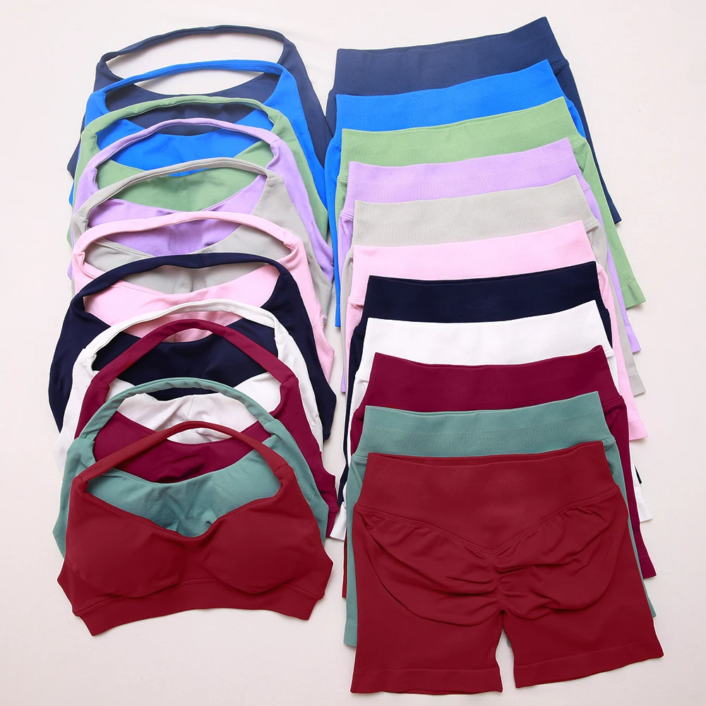 2Pcs Seamless DfYoga Set Yoga outfits Impact Shorts Set Workout Scrunch Shorts Sets Halter Sports Bra Fitness Clothes Gym Suit