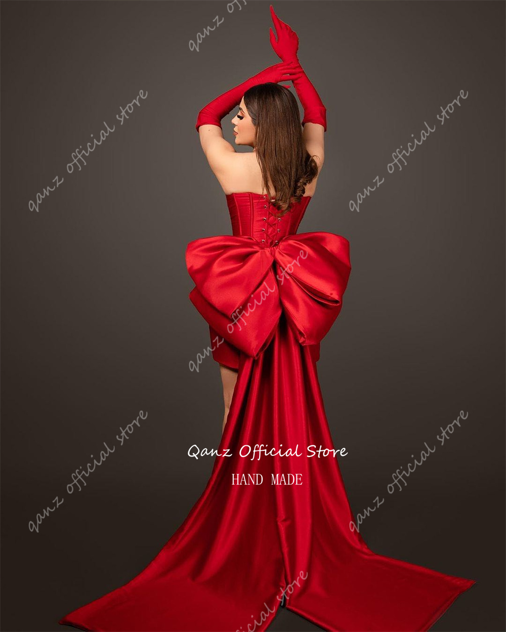 Qanz-女性のための短い赤いサテンカクテルドレス,背中に弓が付いたパーソナライズされたレースのドレス,背中の開いた誕生日の衣装,恋人,バロ,エルビセレリ
