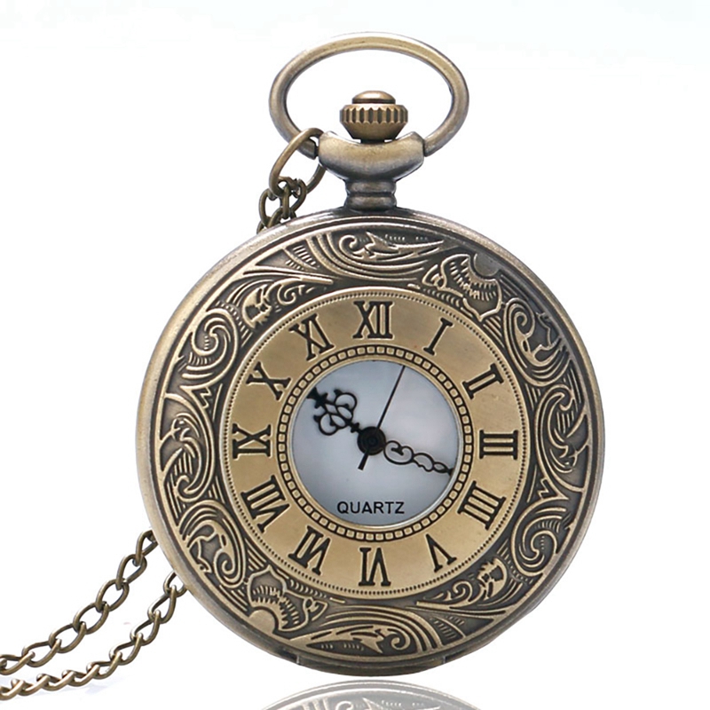 Bronze escala romana display design relógio de bolso de quartzo vintage masculino relogio pingente colar corrente lazer relógio de presente masculino