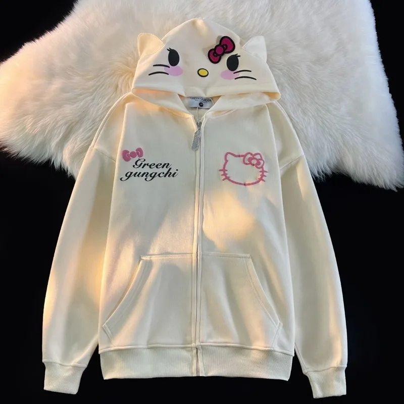 Sanrio เสื้อโค้ทคาร์ดิแกนลาย Hello Kitty, เสื้อโค้ทคาร์ดิแกนมีฮู้ดทรงหลวมนักเรียนโอเวอร์ไซส์แบบกอธิคมีซิปมีฮู้ดสำหรับผู้หญิงเสื้อสเวตเตอร์ Y2k
