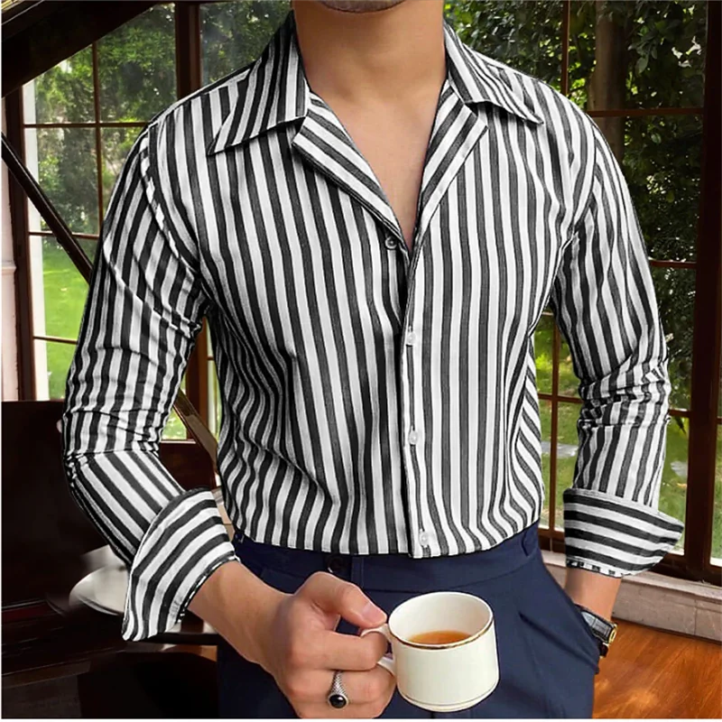 Camicia a maniche lunghe da uomo camicia abbottonata camicia estiva blu manica lunga risvolto a righe abbigliamento da vacanza moda casual Top