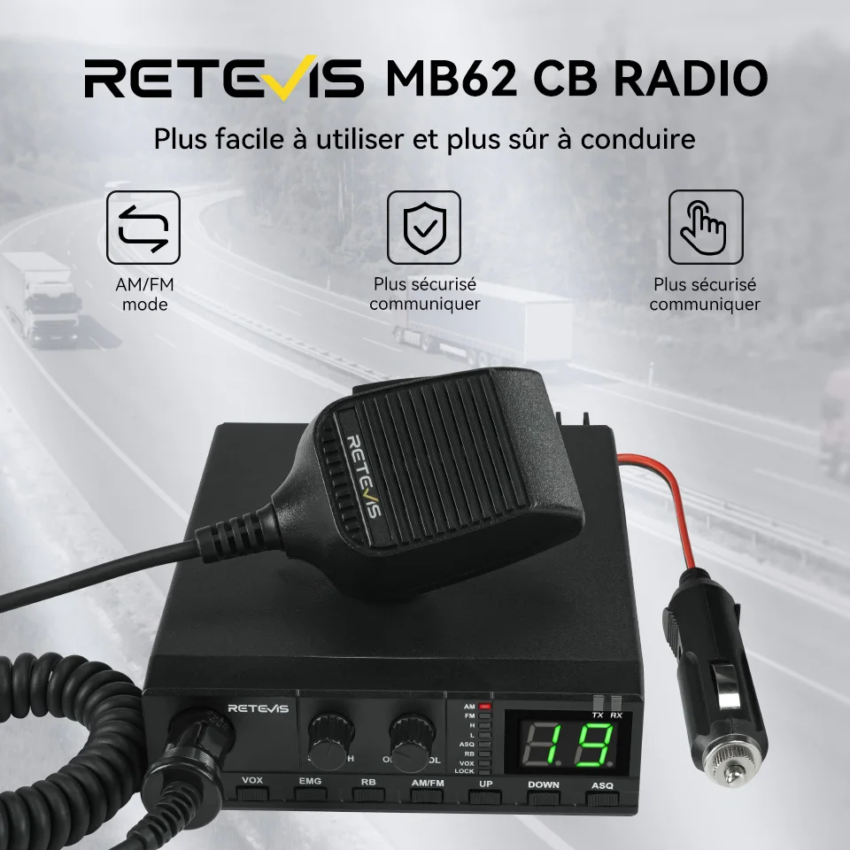 RETEVIS-Communicateur radio mobile pour voiture CB, AM, FM, 27MHz, déterminer CB Radio, canal instantané, 9/19 radios longue portée pour camionneurs, MB62