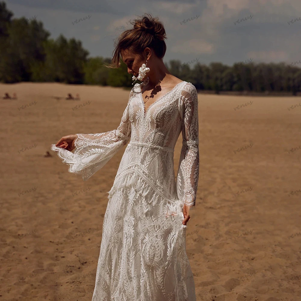 Abiti da sposa vintage della Boemia per le donne 2024 Abiti da sposa senza schienale con scollo a V maniche svasate Abito in pizzo Abiti da sposa personalizzati