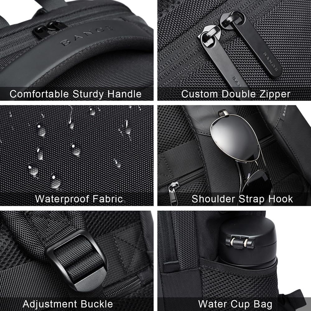 Mochila de viagem à prova d'água BANGE com porta de carregamento USB adequada para mochilas para laptop de 15,6 polegadas para homens e mulheres, bolsas escolares para adolescentes