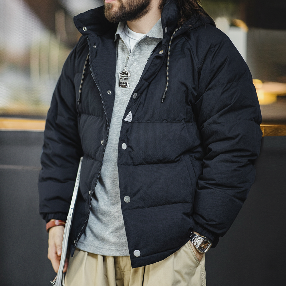 Maden Veste de duvet pour homme en hiver avec piqûres larges épaisse remplie à 90 de duvet de canard blanc bleu marine avec capuche gilet tissu dense vêtement chaud Chic et chaude veste masculine