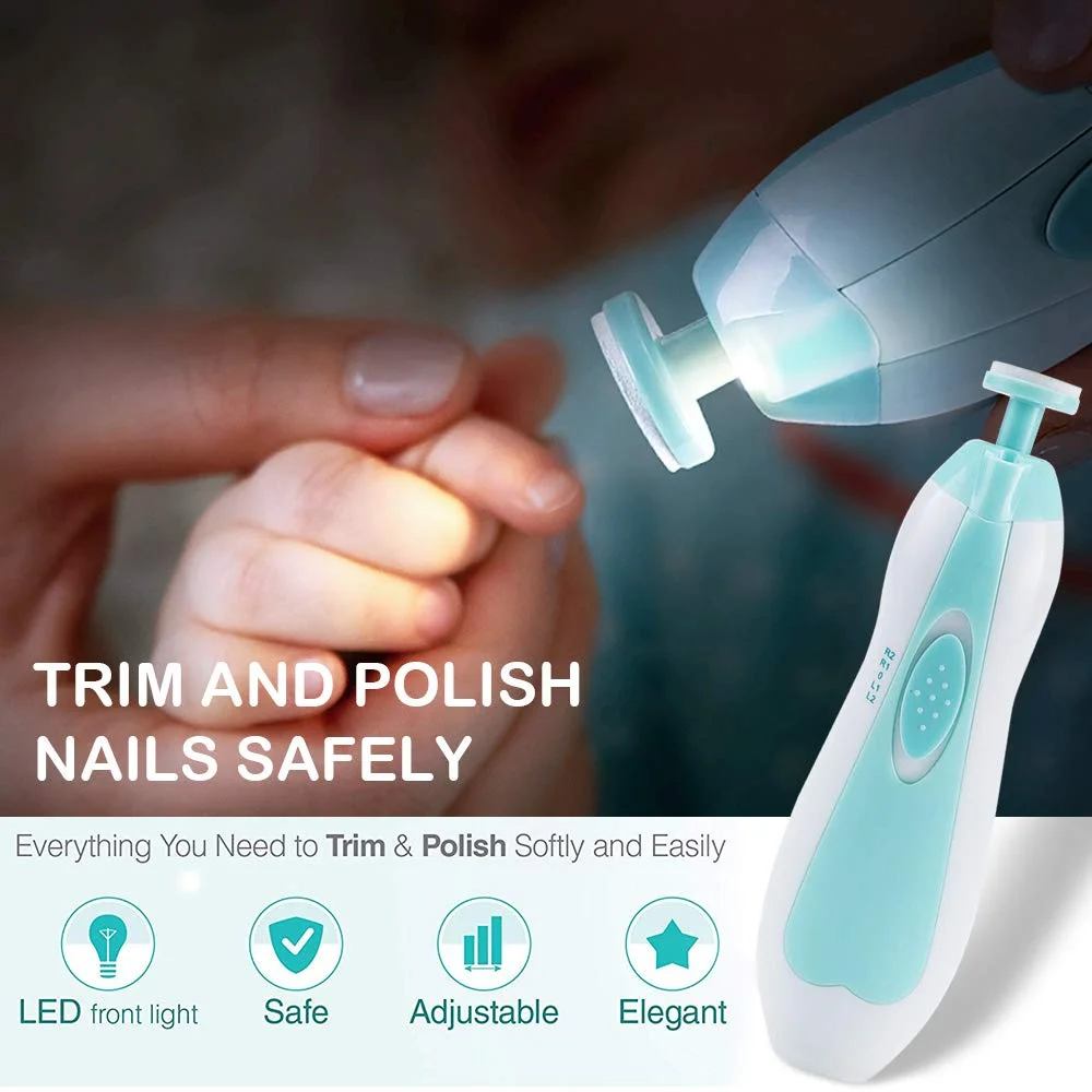 Cortador de unhas elétrico para bebês, luz led, aparador de unhas para bebês, conjunto de cuidados com o bebê, ajuste de velocidade de 4 velocidades com baixo ruído