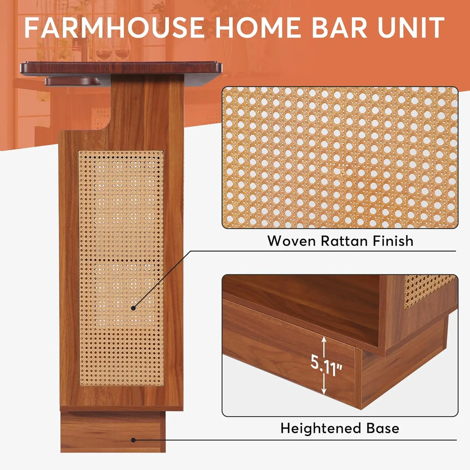 Rattan Home Bar Unit, Farmhouse 4-Tier Bar Table with 4 Stemware Racks and Heightened Base, Liquor Wine Cabinet Mini