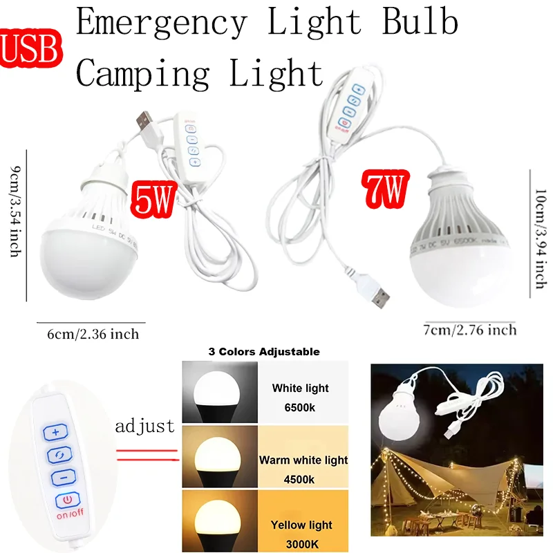 Luz Led de Camping DC5V, Bombilla de emergencia Usb de 5W/7W, luz colgante regulable de 3 colores para tienda, barbacoa, pesca, reparación, equipo al aire libre