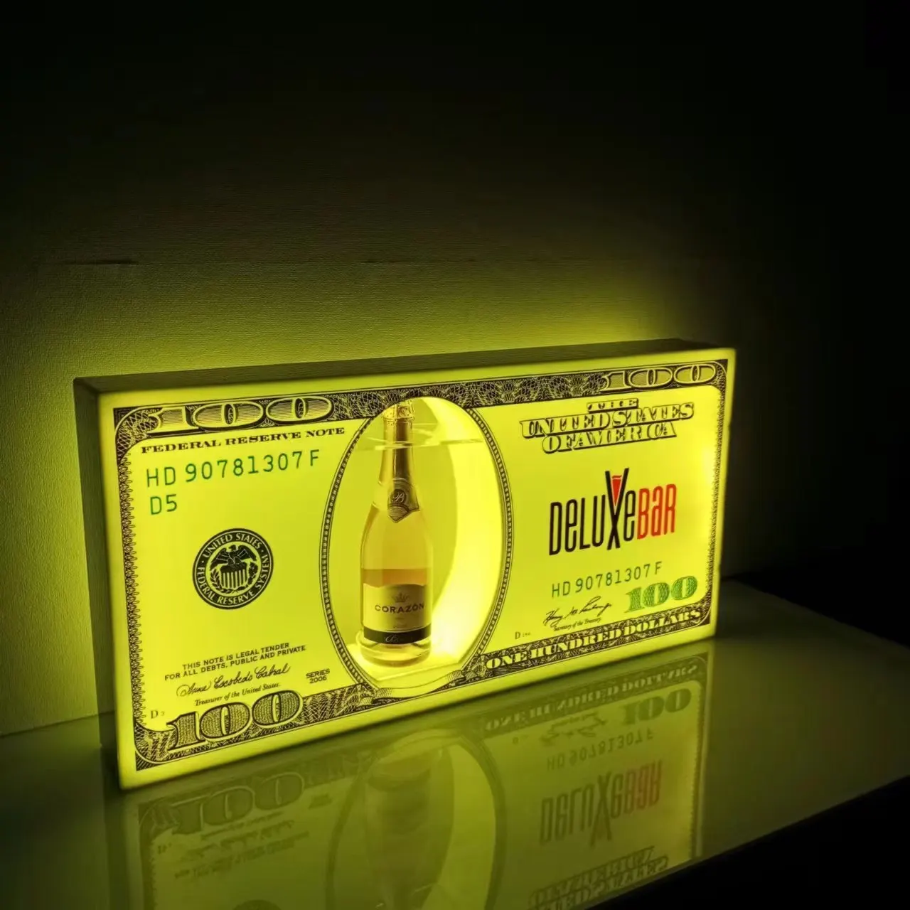 US Dollar 100 Benjamin Bill Bar Bottle Presenter LED Rechargeable Champagne Glorifier VIP Service Tray for Lounge Bar Nightclub