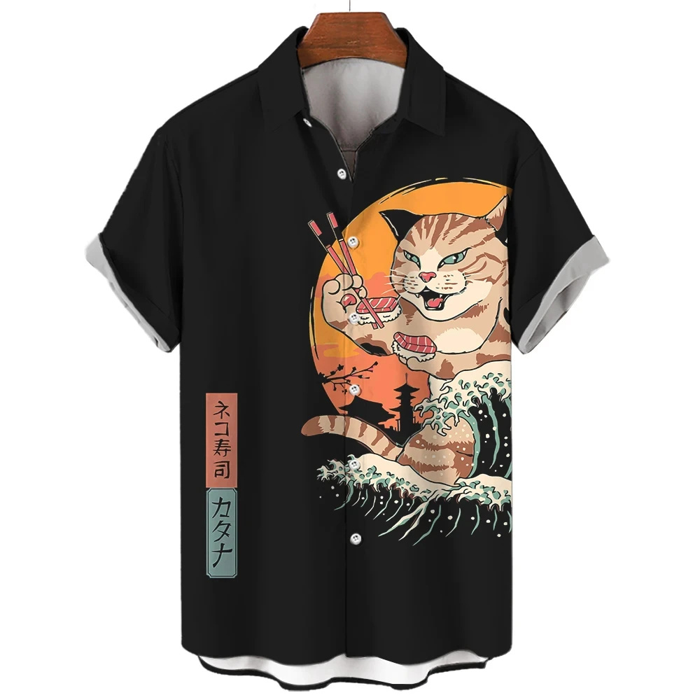 Mode Herrenbekleidung Coole Samurai Katze Tops Sommer Neue Herrenbekleidung Lässige Kurzarm Anime Lose Bluse Hawaiihemden